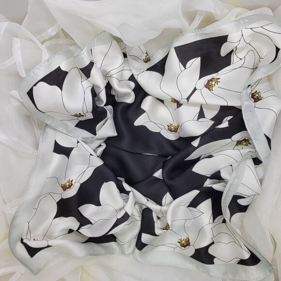 Luxurious Chic Silky Square Scarf Soft Black White Magnolia Floral Print Bandana - Picture 4 of 5